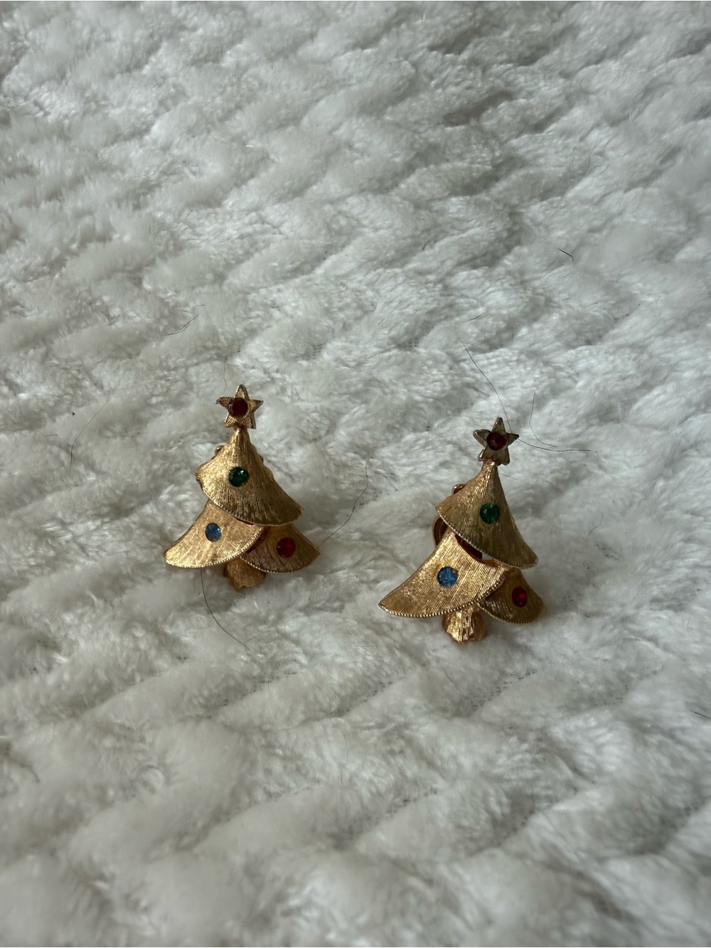 Gold-tone Christmas Tree Earrings with Colored Rhinestones